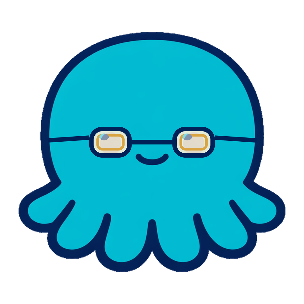 Splashy, the OctoWorks octopus mascot, wearing his gold browline glasses